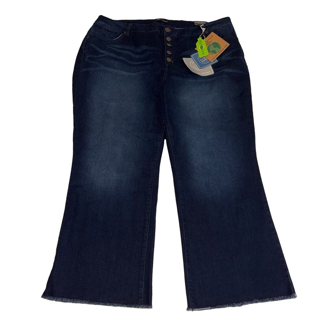 A3 DENIM Plus Size 24W Jeans NWT Blue High Rise Button Fly Crop Flare Raw Hem